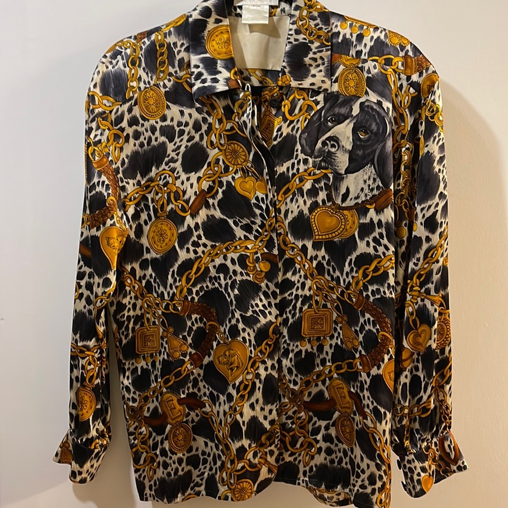 Vintage Escada Dog and Chain Pet Lover Silk Blouse Size EU 36